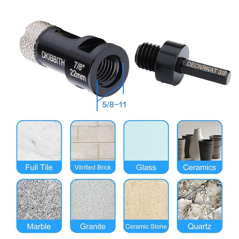 DKIBBITH Dry Diamond Core Drill Bits 7/8 Inch, 22mm Tile Hole Saws for Porcelain Ceramic Tile Granite Marble Stone Brick, Diamond Hole Saw with 5/8-11 Thread and 3/8inch Hex Shank - Image 4